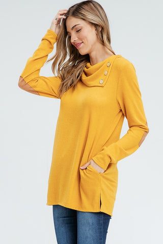 Cowl Neck Top with Elbow Patches - Mustard