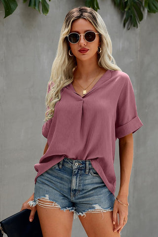 Linen Feel V-Neck Top - Pink