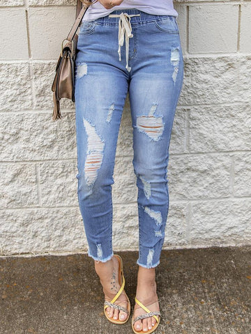 Elastic Waist Ripped Jeans - Light Denim