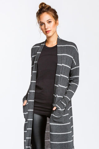 Long Striped Cardigan - Charcoal