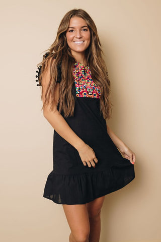 Embroidered Shift Dress with Pom Poms - Black