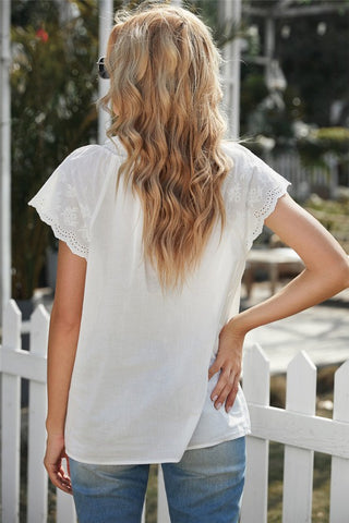 Embroidered Eyelet Cap Sleeve Top - White