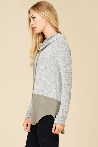 Color Block Cowl Neck Top - Olive and Grey