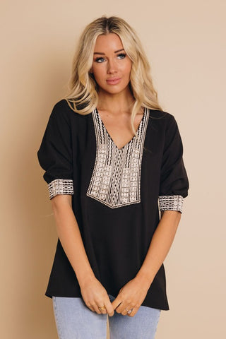 Embroidered V-Neck Top - Black