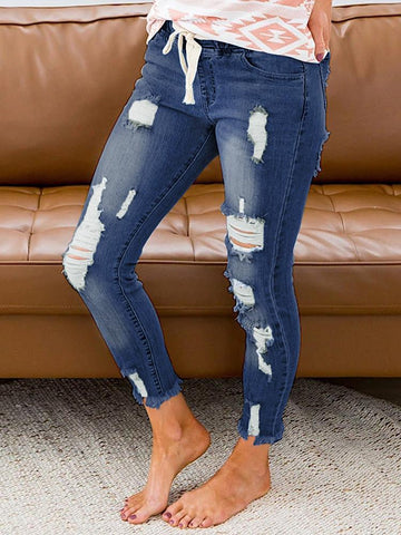Elastic Waist Ripped Jeans - Dark Denim