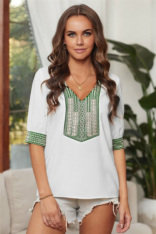 Embroidered V-Neck Top - White
