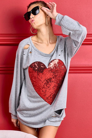 Laser Cut Sequined Heart Top - Gray