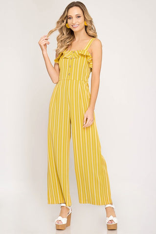 Striped Jumpsuit with Buttons - Honey Mustard