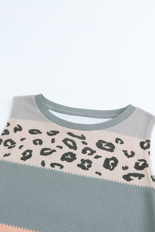 Waffle Knit Leopard Tank Top - Green and Taupe