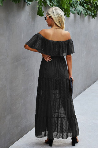 Off Shoulder Swiss Dot Maxi Dress - Black