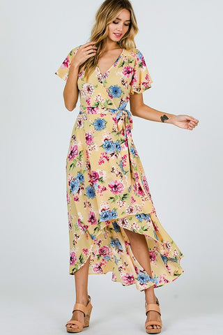 Gardens of Paradise High Low Wrap Dress - Lemon