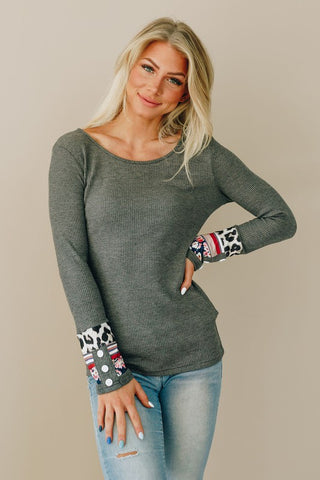 Button Cuff Ribbed Top - Charcoal
