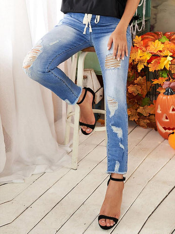 Elastic Waist Ripped Jeans - Light Denim