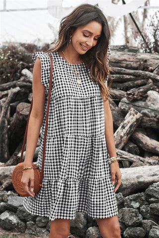 Gingham Ruffle Sleeve Dress - Black