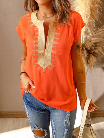 V-Neck Gold Detail Top - Orange