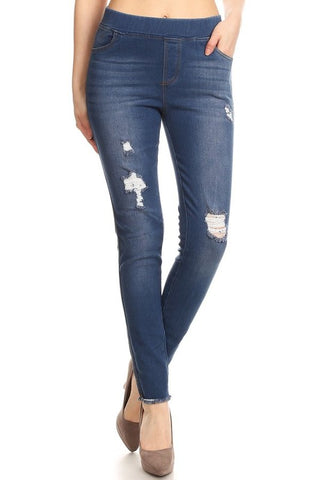 Elastic Waist Dark Wash Distressed Jeans
