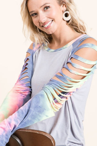 Rainbow Laser  Cut Sleeve Top - Gray