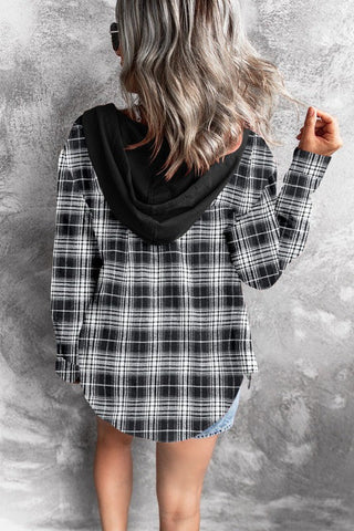 Lightweight Flannel Plaid Hooded Top - Black