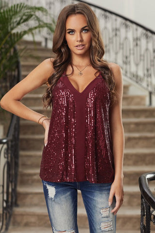 Sequined Racerback Tank Top - Burgundy