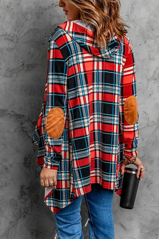 Plaid Hooded Cardigan with Elbow Patches