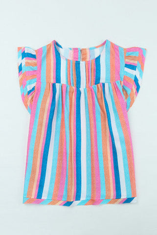 Linen Colorful Striped Ruffle Sleeve Top - Bright