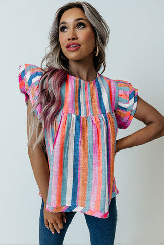 Linen Colorful Striped Ruffle Sleeve Top - Bright