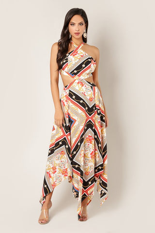 Abstract Print Maxi Dress with Cutout - Black