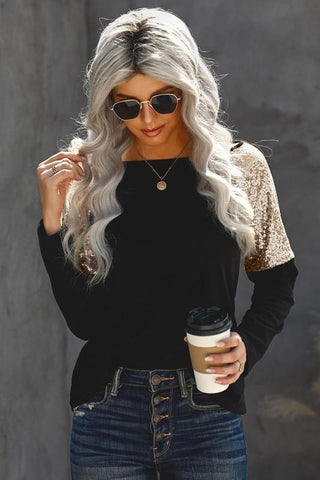 Sequined Shoulder Tunic Top - Black