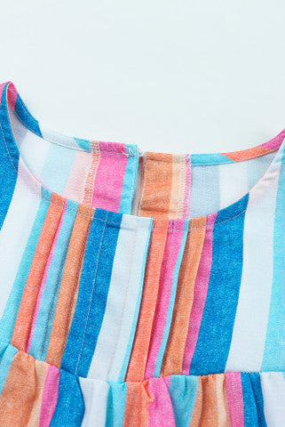 Linen Colorful Striped Ruffle Sleeve Top - Bright