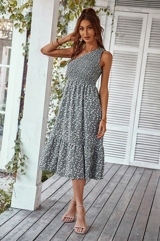 One Shoulder Midi Floral Dress - Gray