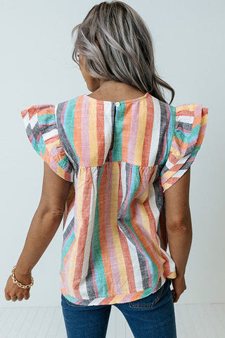 Linen Colorful Striped Ruffle Sleeve Top - Pastel