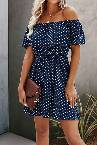 Polka Dot Off Shoulder Dress - Navy