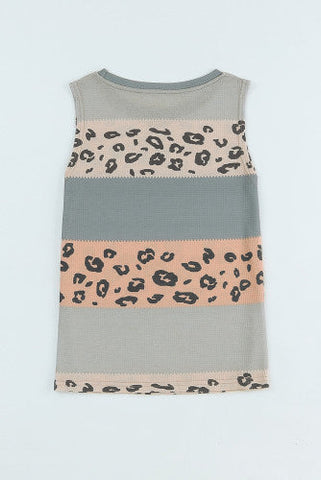 Waffle Knit Leopard Tank Top - Green and Taupe