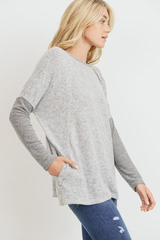 Contrast Sleeve Dolman Sleeve Top - Gray