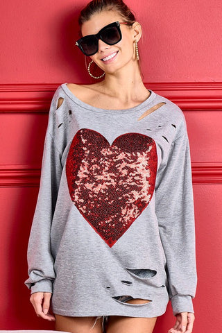 Laser Cut Sequined Heart Top - Gray