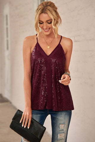 Sequined Racerback Tank Top - Burgundy