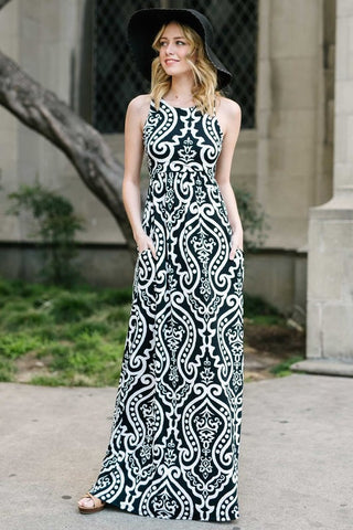 Garden Party Maxi Dress - Black and White Damask