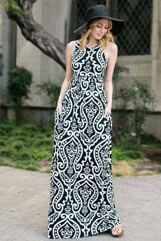 Garden Party Maxi Dress - Black and White Damask