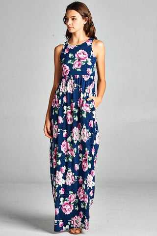 Garden Party Maxi Dress - Navy with Lavender Flowers