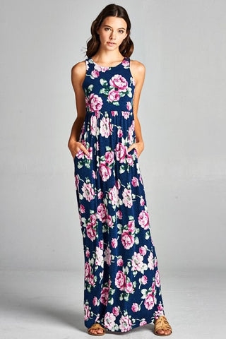 Garden Party Maxi Dress - Navy with Lavender Flowers