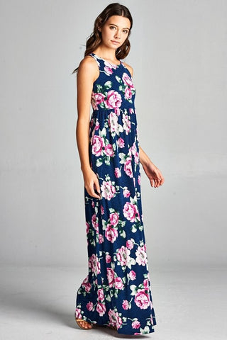 Garden Party Maxi Dress - Navy with Lavender Flowers