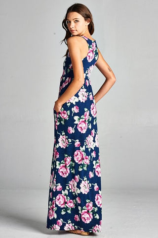 Garden Party Maxi Dress - Navy with Lavender Flowers