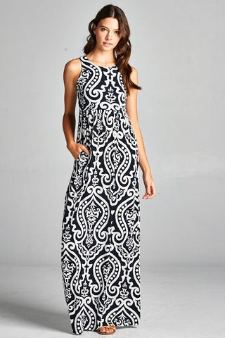 Garden Party Maxi Dress - Black and White Damask