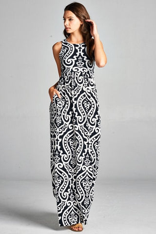 Garden Party Maxi Dress - Black and White Damask