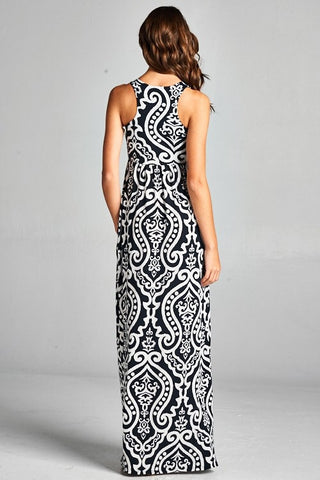 Garden Party Maxi Dress - Black and White Damask