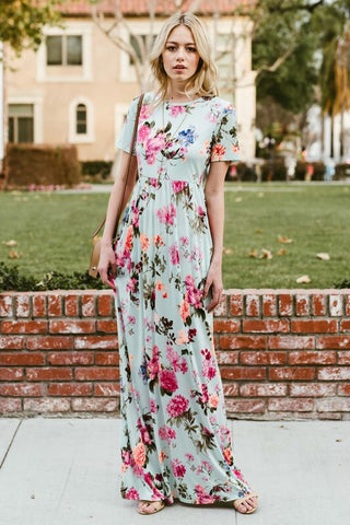 Short Sleeve Floral Maxi Dress - Mint