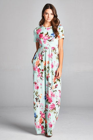 Short Sleeve Floral Maxi Dress - Mint