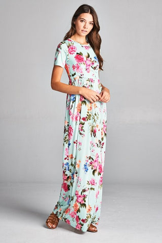 Short Sleeve Floral Maxi Dress - Mint