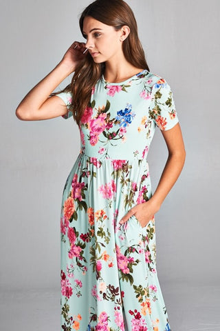 Short Sleeve Floral Maxi Dress - Mint