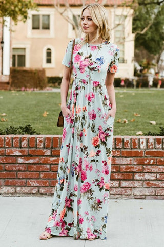 Short Sleeve Floral Maxi Dress - Mint